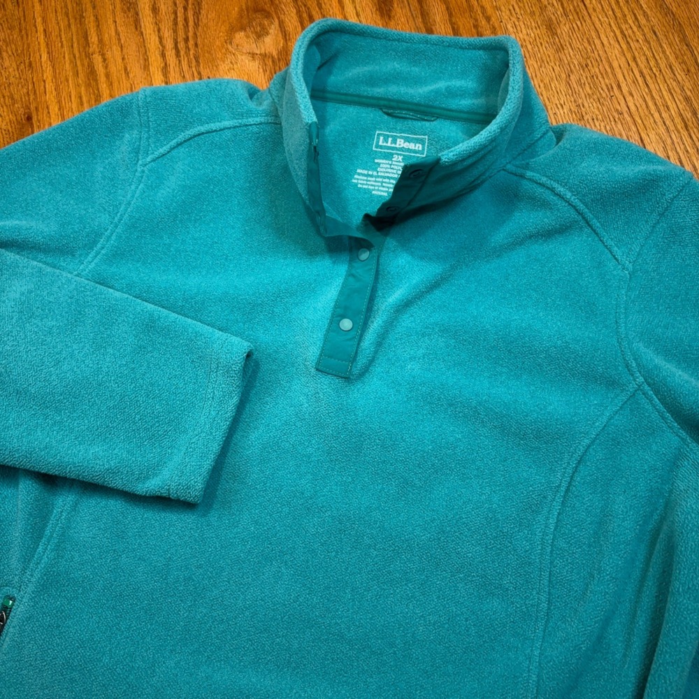L.L. Bean Fleece Pullover Women 2X Teal T Snap Mock Neck Pockets Cinch Hem